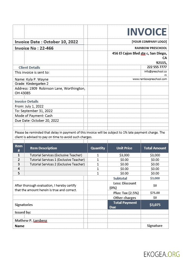 Modèle de facture d'enseignant